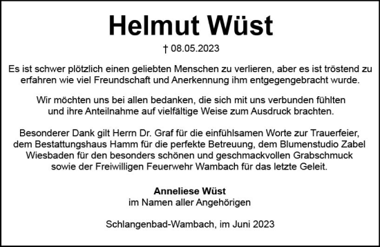 Traueranzeige von Helmut Wüst von Wiesbadener Kurier