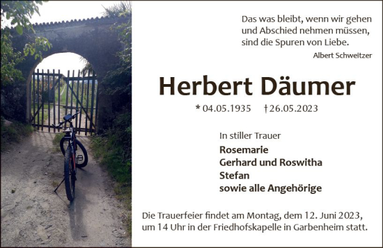 Traueranzeige von Herbert Däumer von Wetzlarer Neue Zeitung