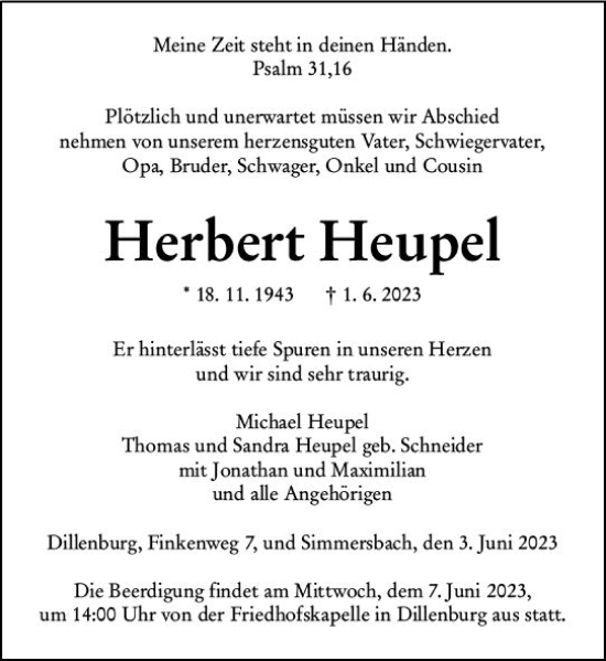 Traueranzeige von Herbert Heupel von Dill Block