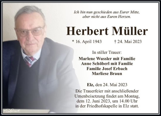 Traueranzeige von Herbert Müller von Nassauische Neue Presse