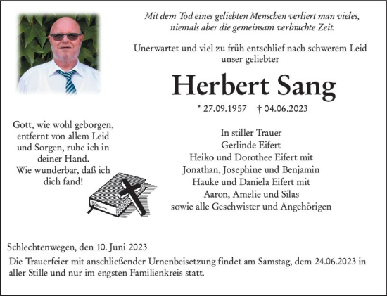 Traueranzeige von Herbert Sang von VRM Trauer