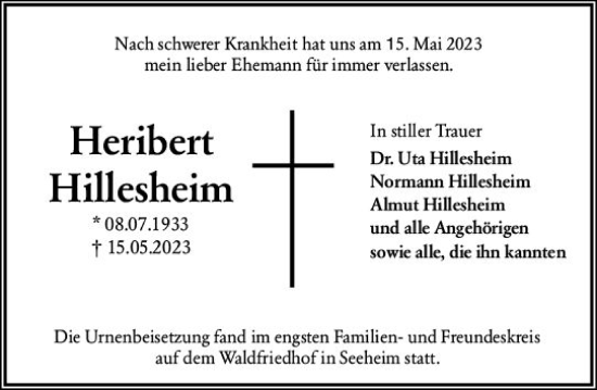 Traueranzeige von Heribert Hillesheim von Darmstädter Echo