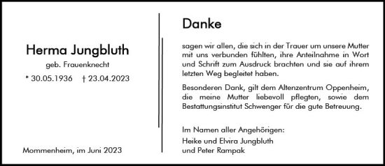 Traueranzeige von Herma Jungbluth von Allgemeine Zeitung Mainz