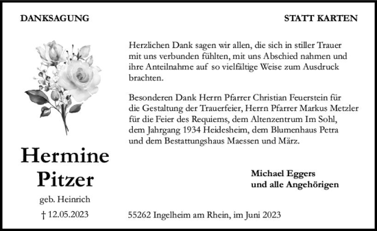 Traueranzeige von Hermine Pitzer von Allgemeine Zeitung Bingen/Ingelheim