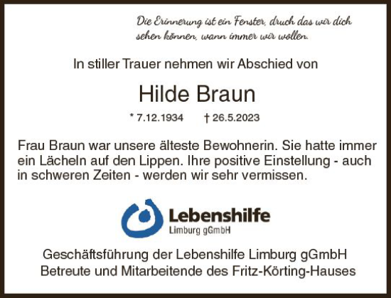 Traueranzeige von Hilde Braun von Nassauische Neue Presse