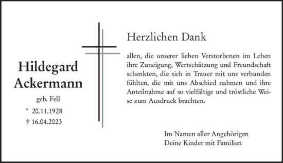 Traueranzeige von Hildegard Ackermann von Allgemeine Zeitung Mainz