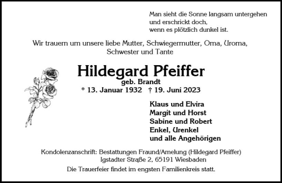 Traueranzeige von Hildegard Pfeiffer von Wiesbadener Kurier