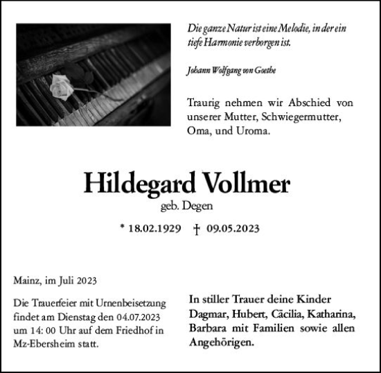 Traueranzeige von Hildegard Vollmer von Allgemeine Zeitung Mainz