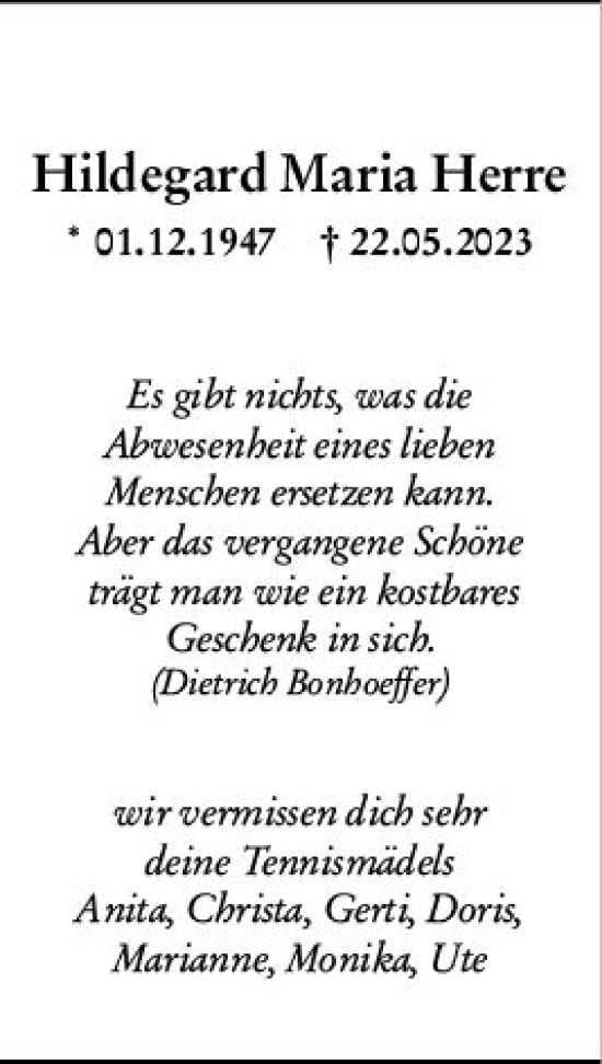 Traueranzeige von Hildegard Maria Herre von Groß-Gerauer Echo