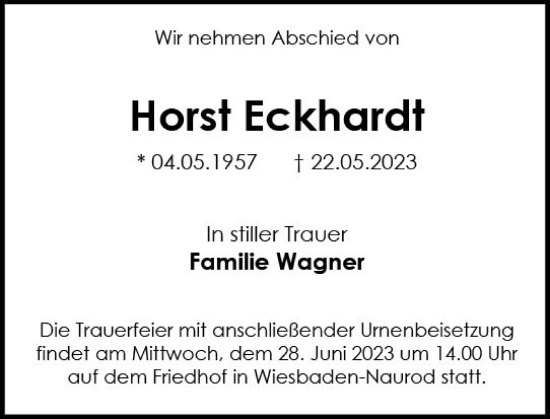 Traueranzeige von Horst Eckhardt von Wiesbadener Kurier