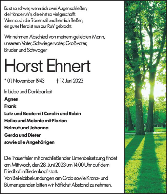Traueranzeige von Horst Ehnert von Hinterländer Anzeiger