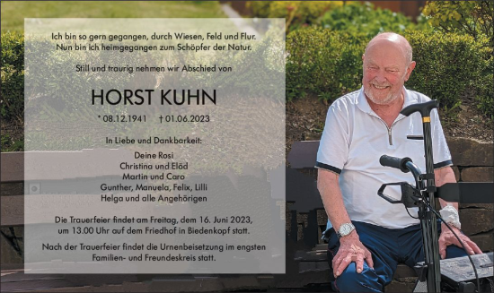 Traueranzeige von Horst Kuhn von Hinterländer Anzeiger