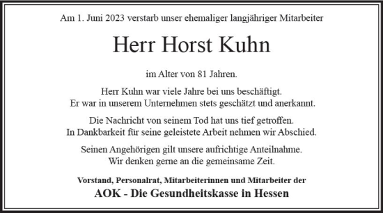 Traueranzeige von Horst Kuhn von Hinterländer Anzeiger