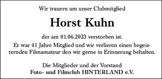 Traueranzeige von Horst Kuhn von Hinterländer Anzeiger