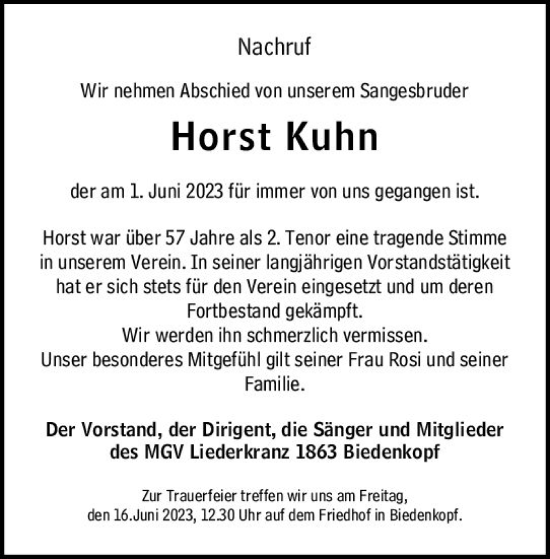 Traueranzeige von Horst Kuhn von Hinterländer Anzeiger