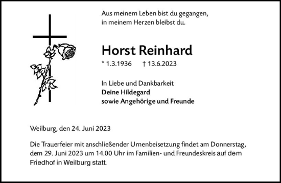 Traueranzeige von Horst Reinhard von Weilburger Tageblatt