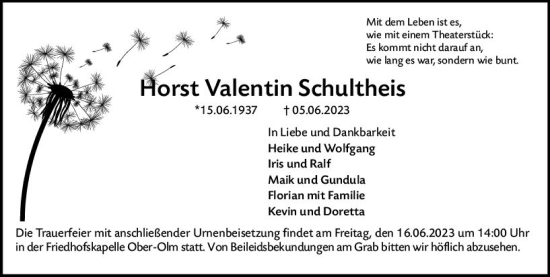 Traueranzeige von Horst Valentin Schultheis von Allgemeine Zeitung Mainz