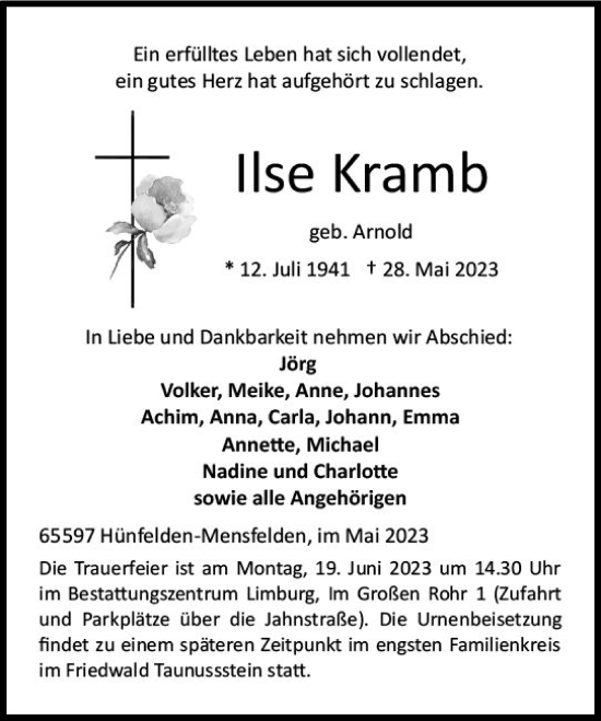 Traueranzeige von Ilse Kramb von Nassauische Neue Presse