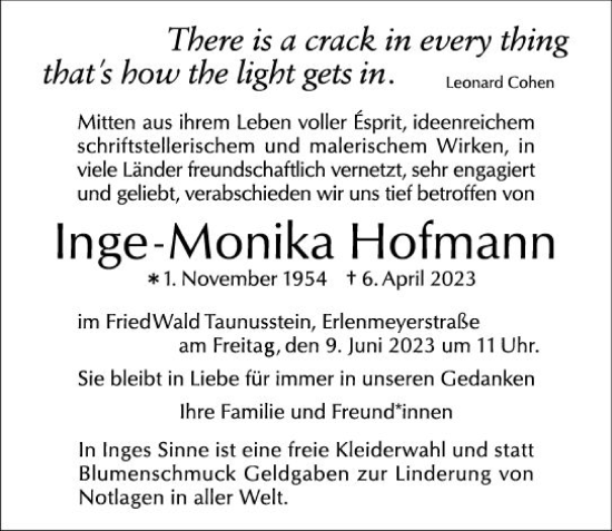 Traueranzeige von Inge-Monika Hofmann von Allgemeine Zeitung Mainz