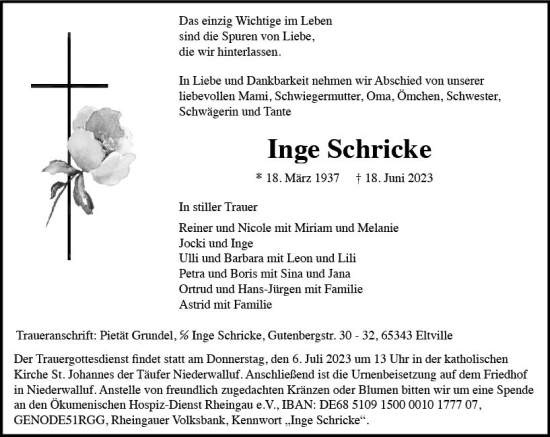 Traueranzeige von Inge Schricke von Wiesbadener Kurier