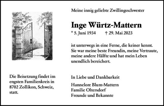 Traueranzeige von Inge Würtz-Mattern von Wiesbadener Kurier