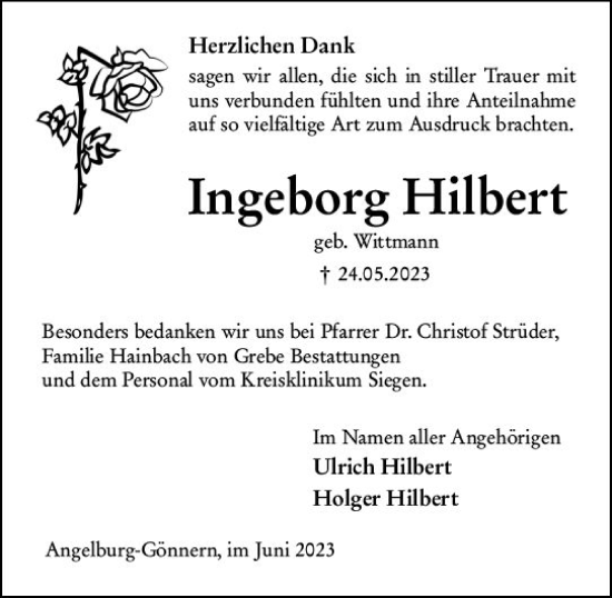Traueranzeige von Ingeborg Hilbert von Hinterländer Anzeiger