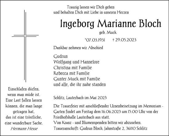 Traueranzeige von Ingeborg Marianne Bloch von VRM Trauer