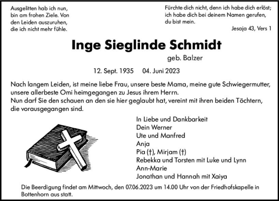 Traueranzeige von Inge Sieglinde Schmidt von Hinterländer Anzeiger