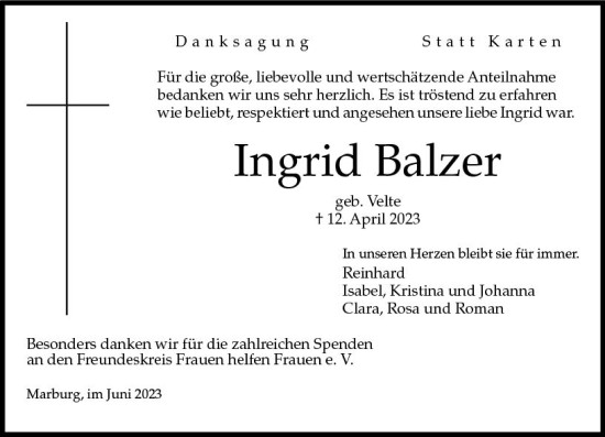 Traueranzeige von Ingrid Balzer von Hinterländer Anzeiger
