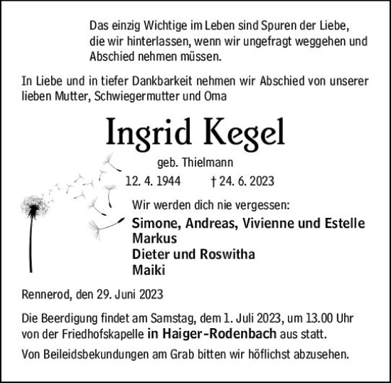 Traueranzeige von Ingrid Kegel von Dill Block