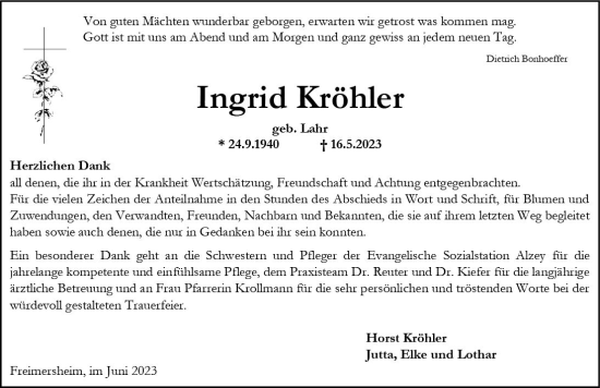 Traueranzeige von Ingrid Kröhler von Allgemeine Zeitung Alzey