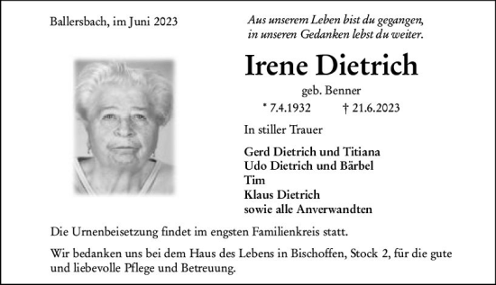 Traueranzeige von Irene Dietrich von Dill Block