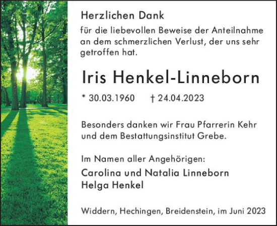 Traueranzeige von Iris Henkel-Linneborn von Hinterländer Anzeiger