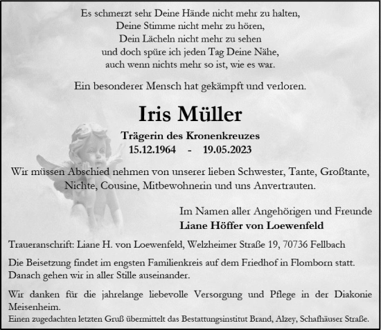 Traueranzeige von Iris Müller von Allgemeine Zeitung Alzey