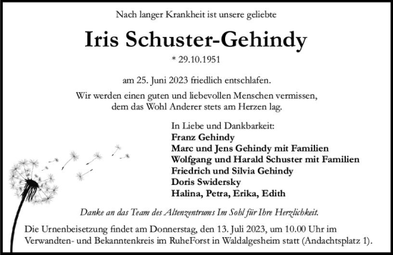 Traueranzeige von Iris Schuster-Gehindy von Allgemeine Zeitung Bingen/Ingelheim