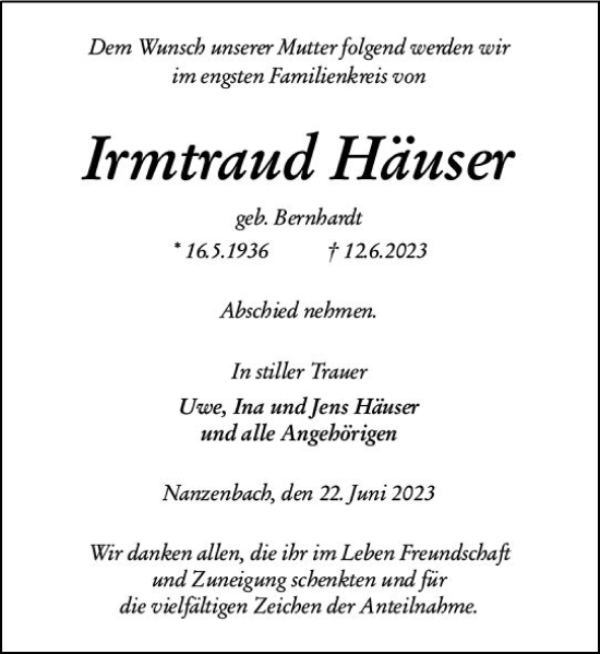 Traueranzeige von Irmtraud Häuser von Dill Block