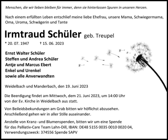 Traueranzeige von Irmtraud Schüler von Dill Block