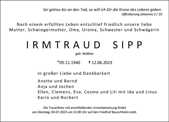 Traueranzeige von Irmtraud Sipp von Rüsselsheimer Echo