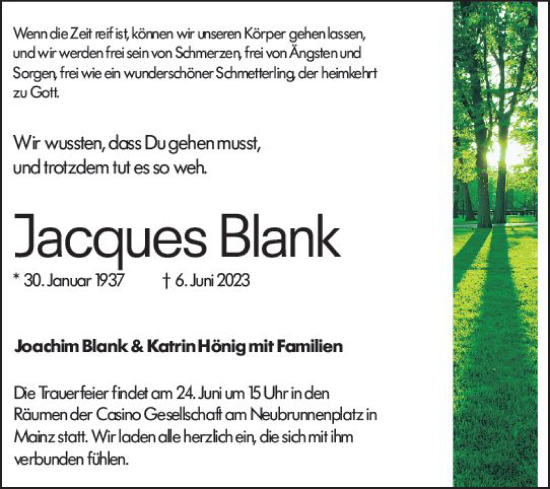 Traueranzeige von Jacques Blank von Allgemeine Zeitung Mainz