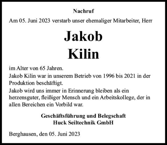 Traueranzeige von Jakob Kilin von Wetzlarer Neue Zeitung