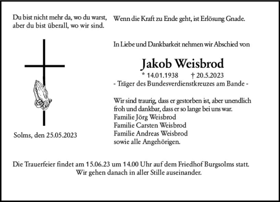 Traueranzeige von Jakob Weisbrod von Wetzlarer Neue Zeitung