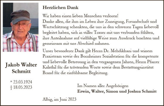 Traueranzeige von Jakob Walter Schmitt von Allgemeine Zeitung Alzey