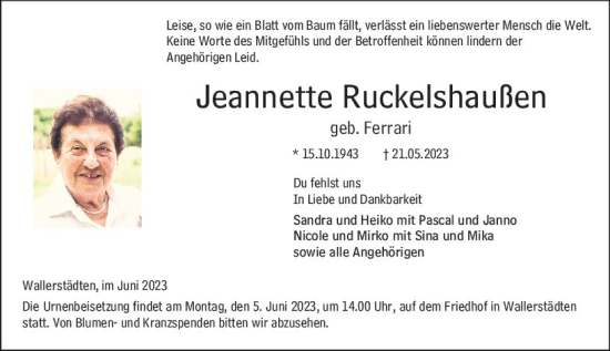 Traueranzeige von Jeannette Ruckelshaußen von Groß-Gerauer Echo