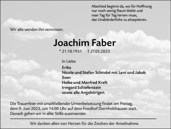 Traueranzeige von Joachim Faber von Wetzlarer Neue Zeitung