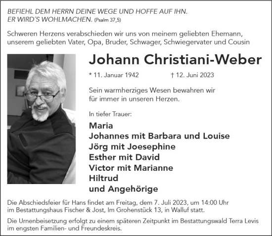 Traueranzeige von Johann Christiani-Weber von Wiesbadener Kurier