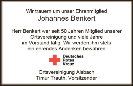 Traueranzeige von Johannes Benkert von Darmstädter Echo