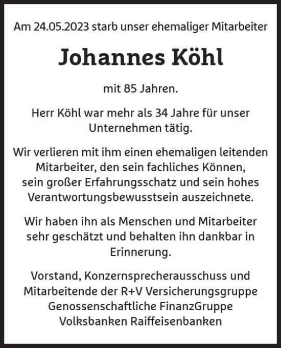 Traueranzeige von Johannes Köhl von Wiesbadener Kurier