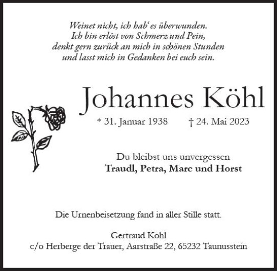 Traueranzeige von Johannes Köhl von Wiesbadener Kurier