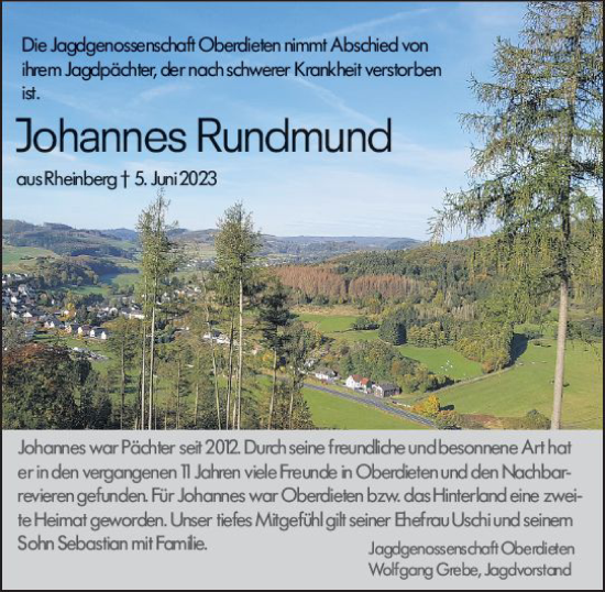 Traueranzeige von Johannes Rundmund von Hinterländer Anzeiger
