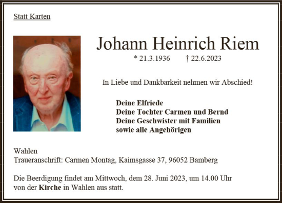 Traueranzeige von Johann Heinrich Riem von VRM Trauer